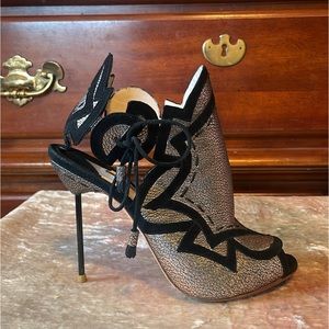 SOPHIA WEBSTER Yasmin Grain Black Rose Gold Metallic Leather Geo Heels EUC 6.5